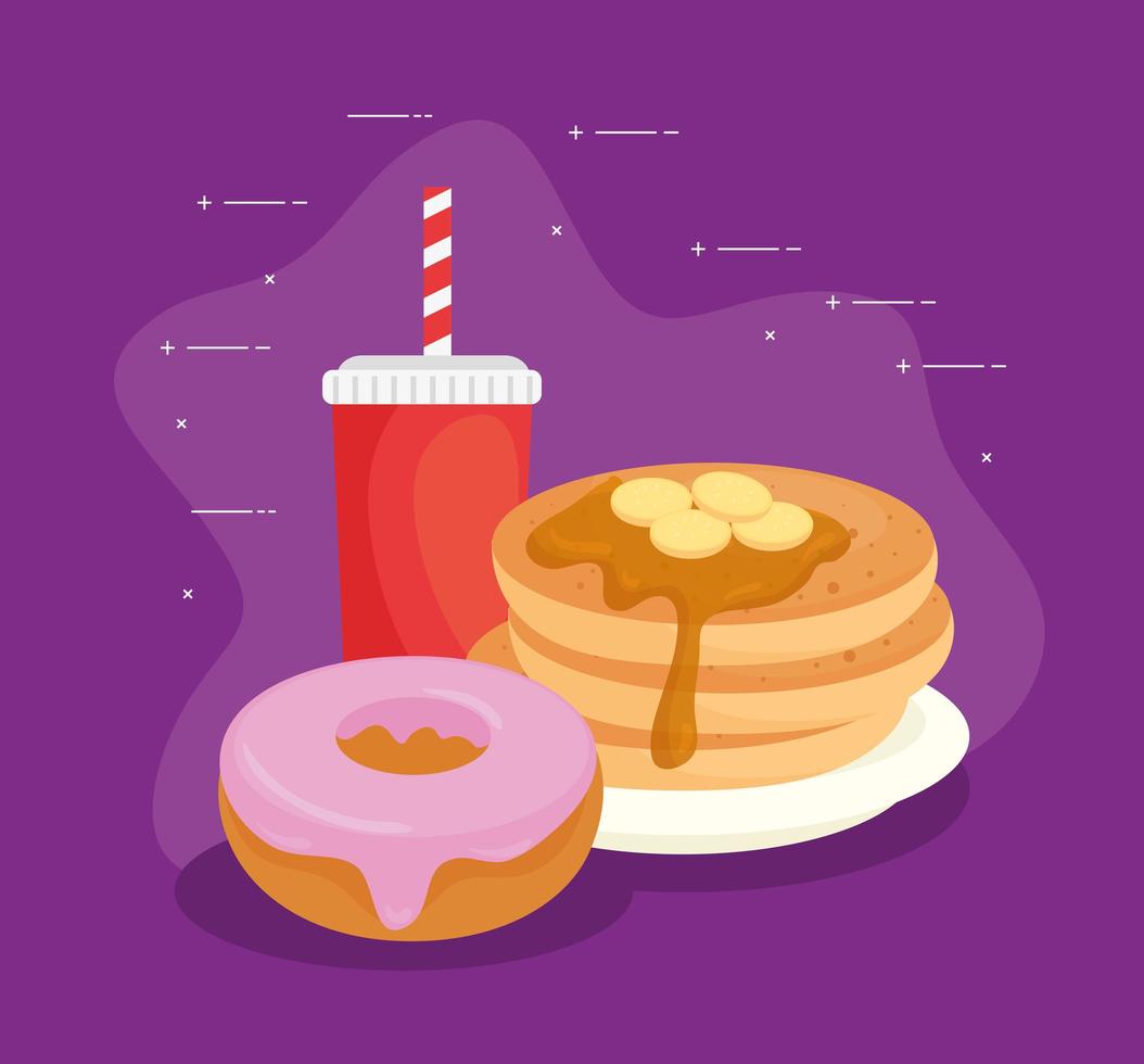 Donut, pancakes with beverage, fast food combo vector