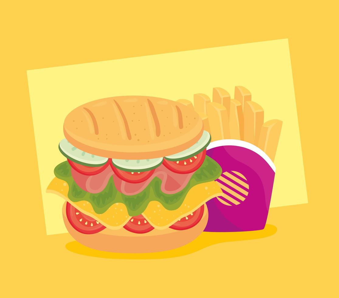 Sandwich with french fries, fast food combo vector