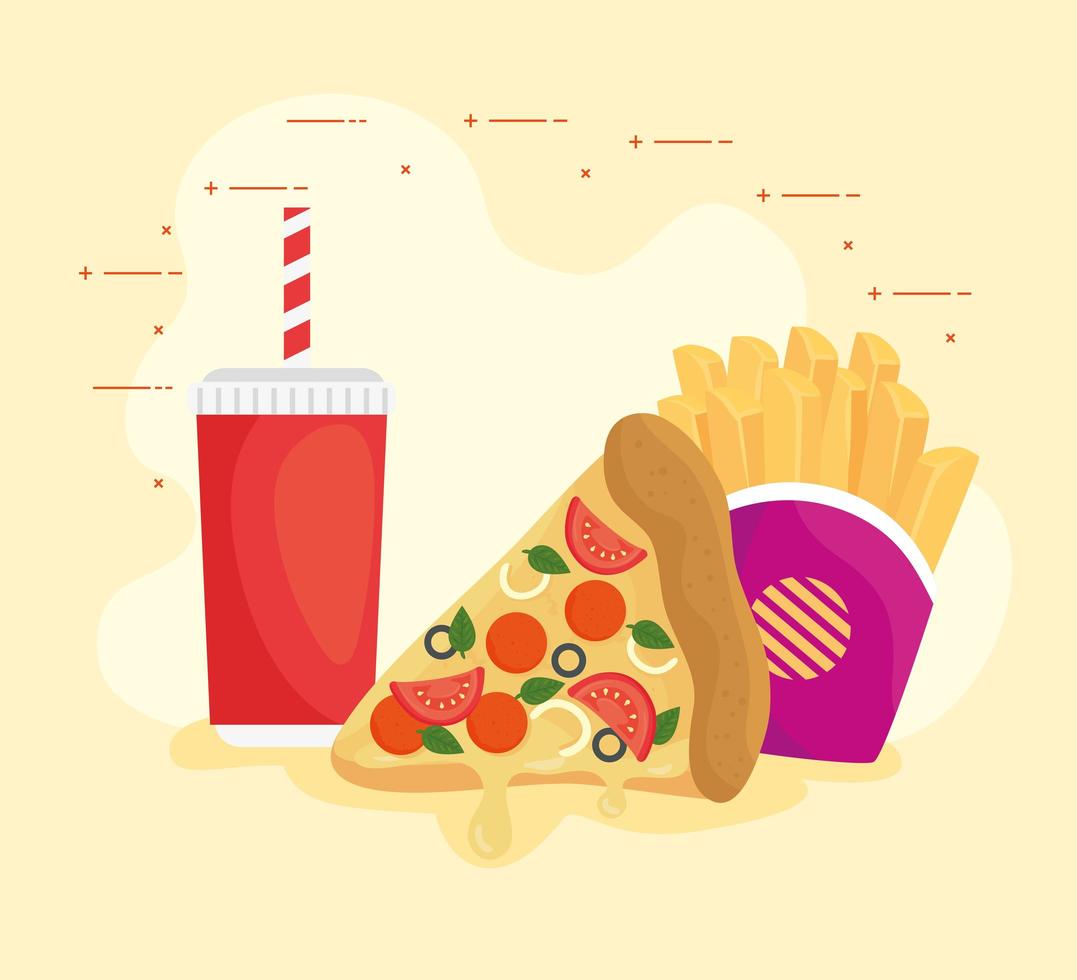 Pizza with french fries and beverage, fast food combo vector