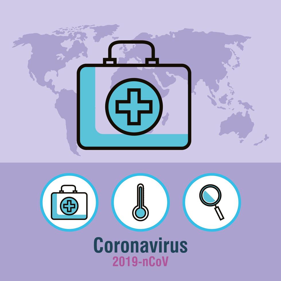 pandemia de coronavirus con botiquín de primeros auxilios e íconos vector