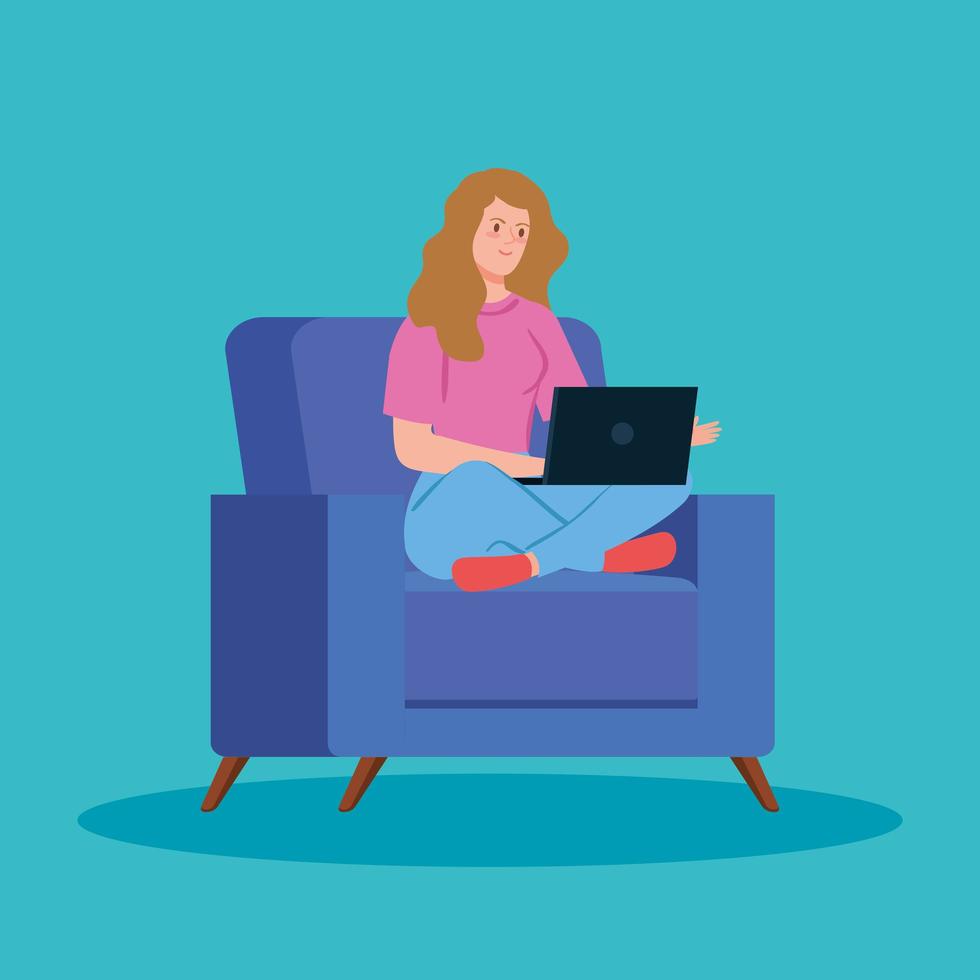 Woman working with a laptop on the couch vector