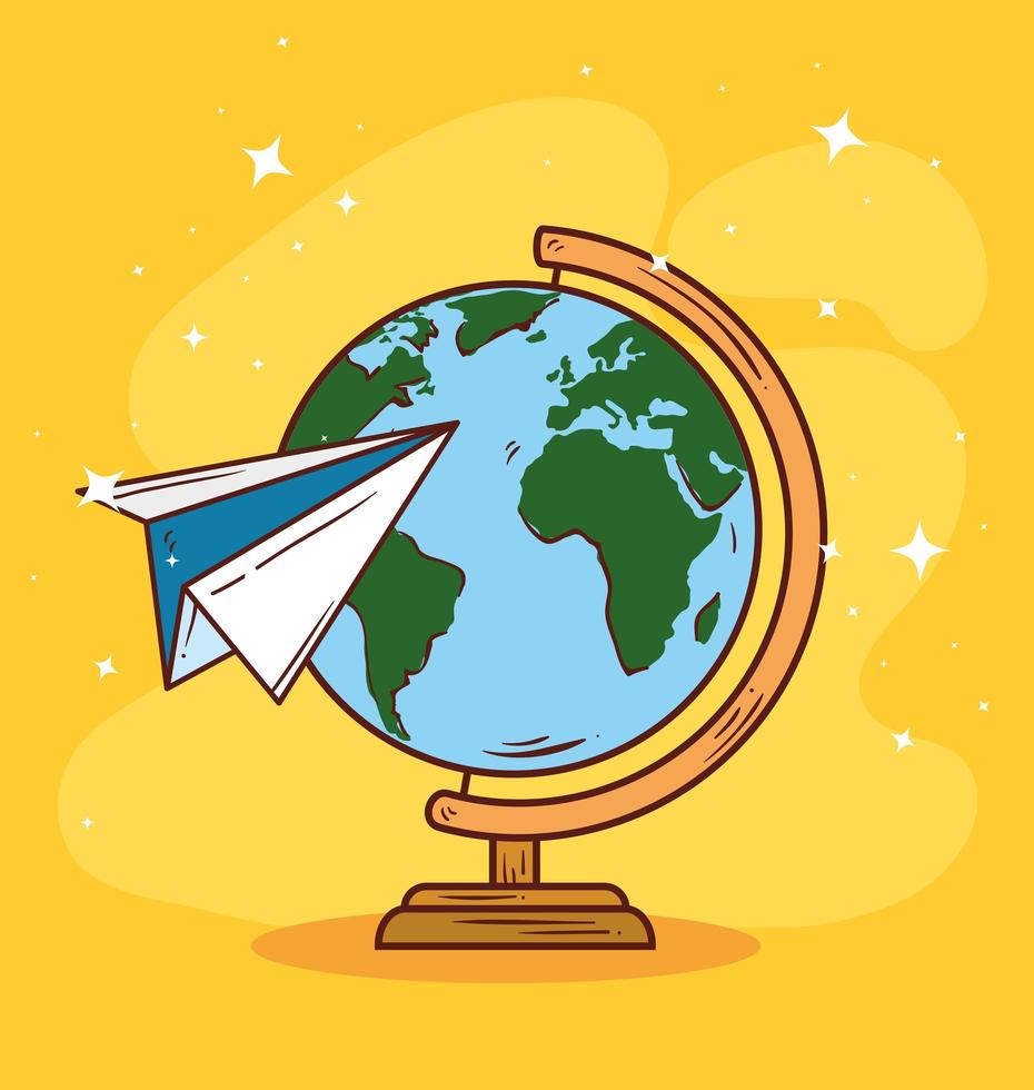 Paper plane travelling around the world vector
