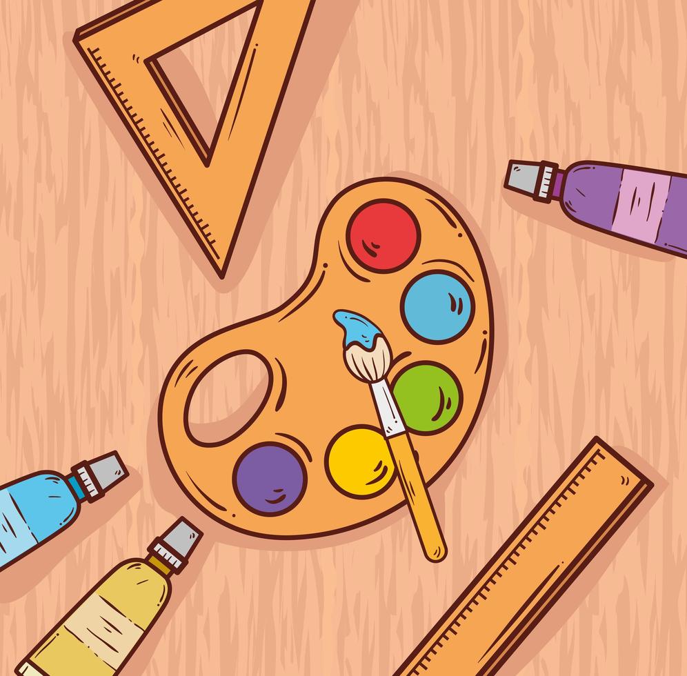 art palette with ink and brush on a wooden background vector