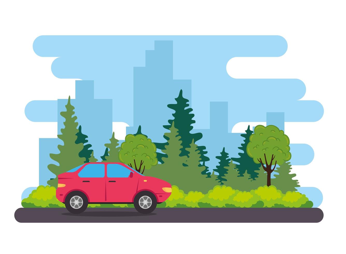 red sedan car vehicle on the road, with nature vector