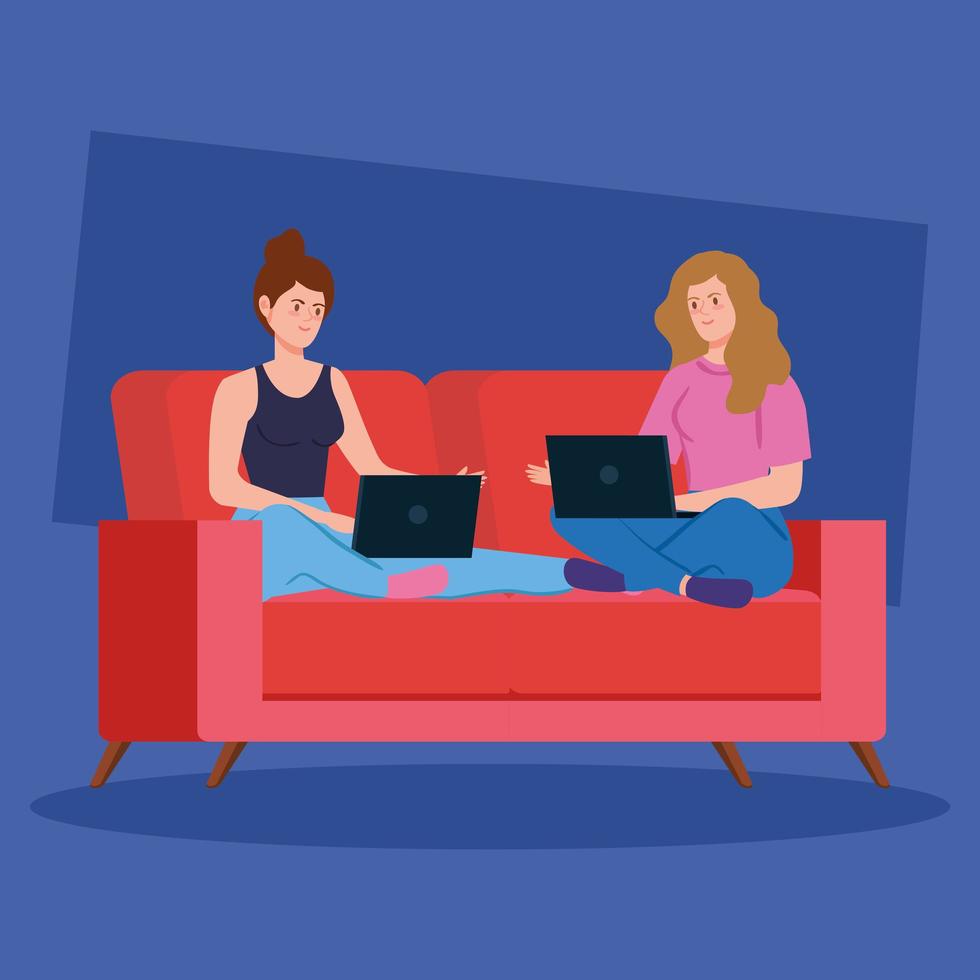 Women working with their laptops on the couch vector