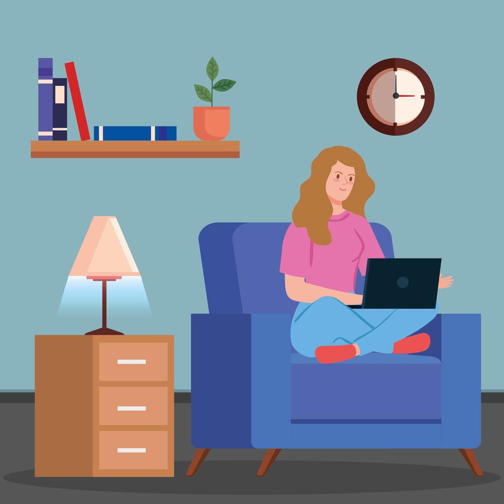 Woman working with a laptop on the couch vector