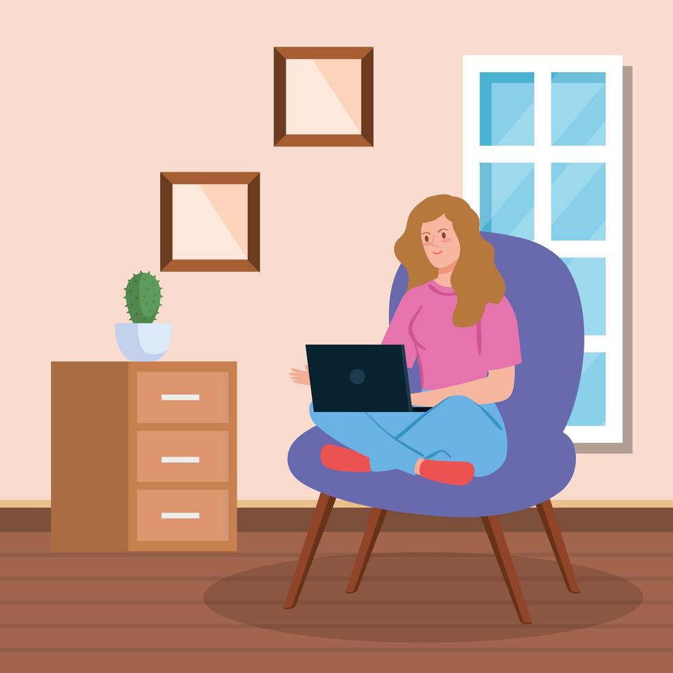 Woman working with a laptop on a chair vector