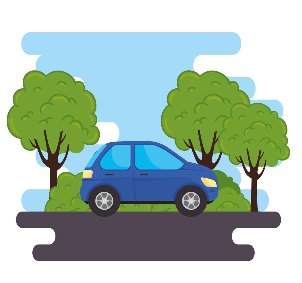 blue sedan car vehicle on the road with nature vector