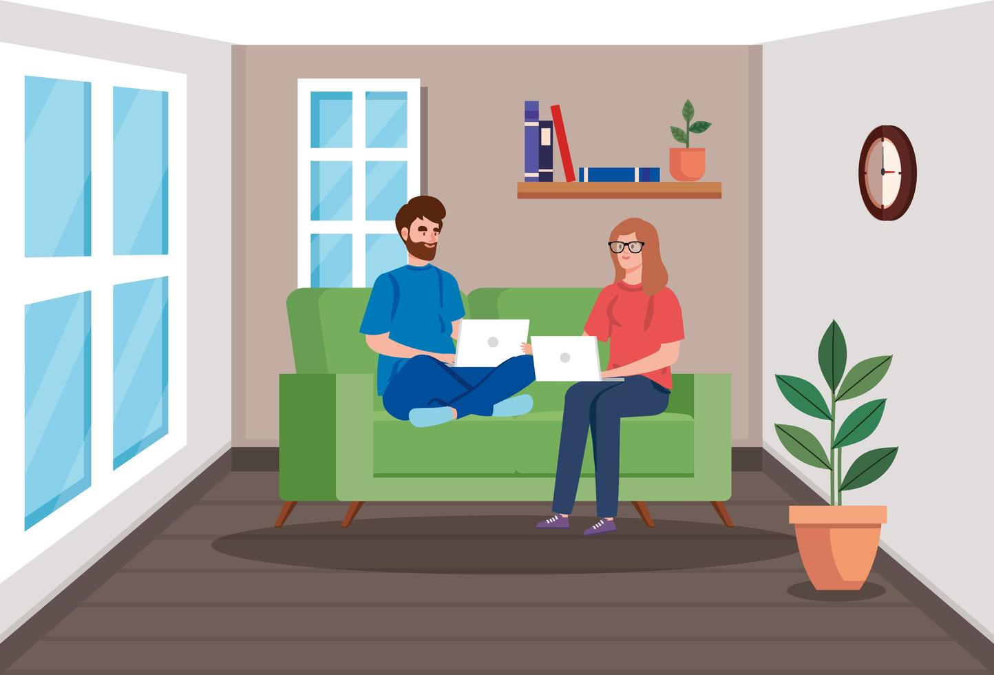 Couple working with laptops in the living room vector