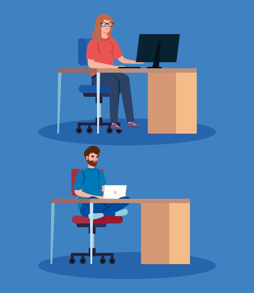 Set of people on computers, working on the desks vector