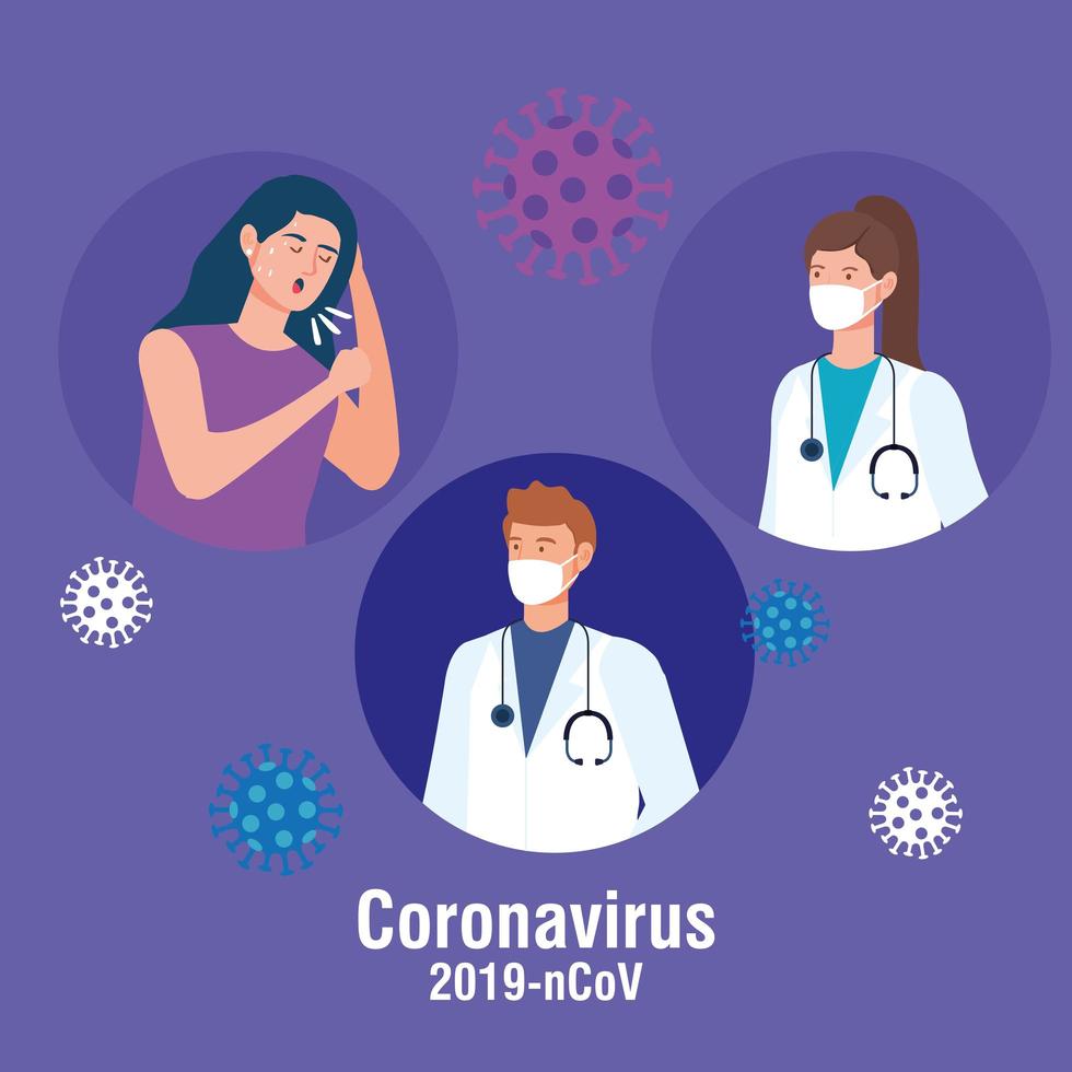 Sick woman and doctors during coronavirus pandemic vector