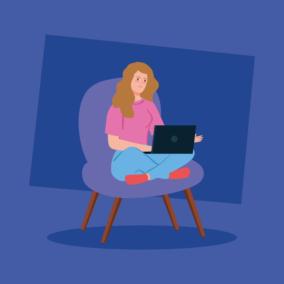 Woman working with a laptop on a chair vector