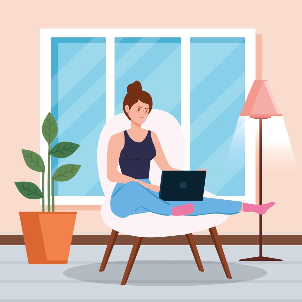 Woman working with a laptop on a chair vector
