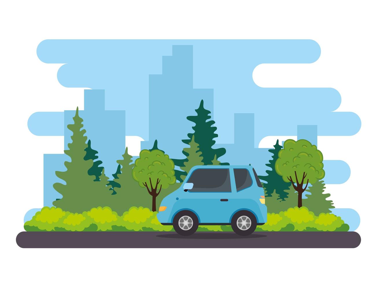 blue sedan car vehicle on the road with nature vector