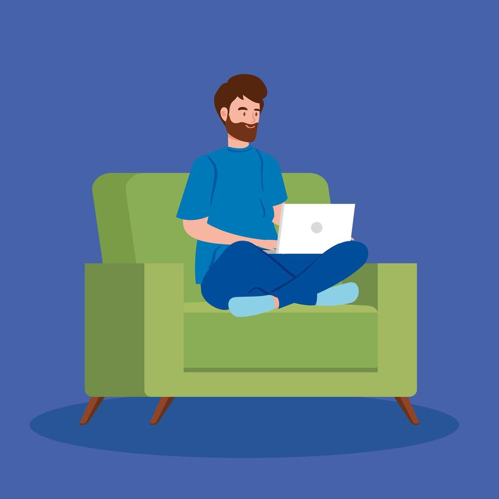 Man working with a laptop on the couch vector