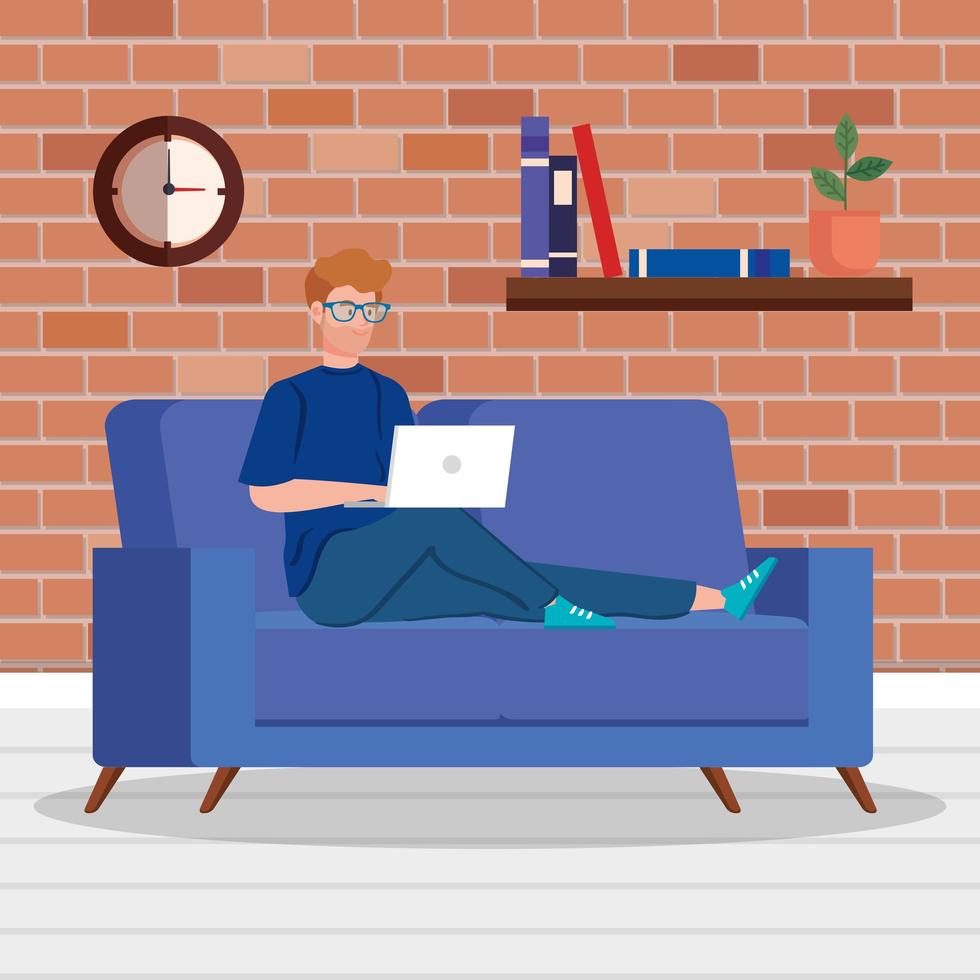 Man working with a laptop in the living room vector