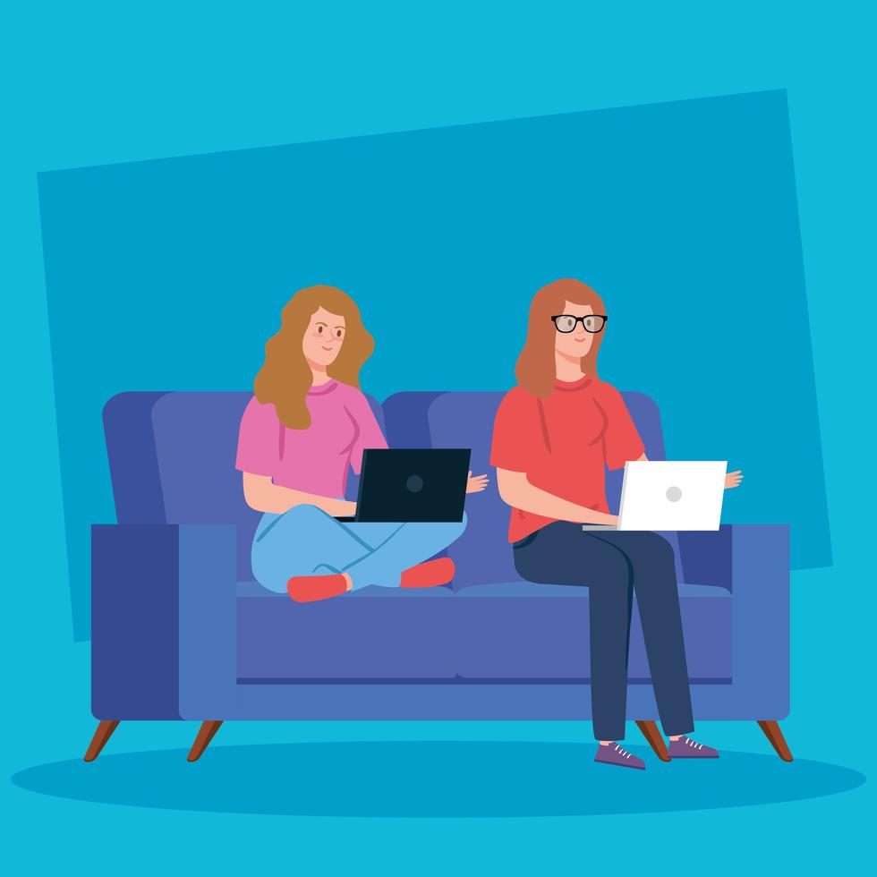 Women working with their laptops on the couch vector