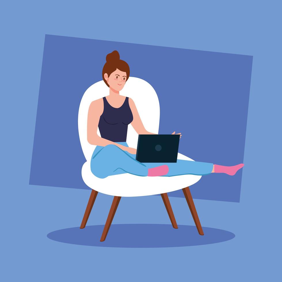 Woman working with a laptop on a chair vector