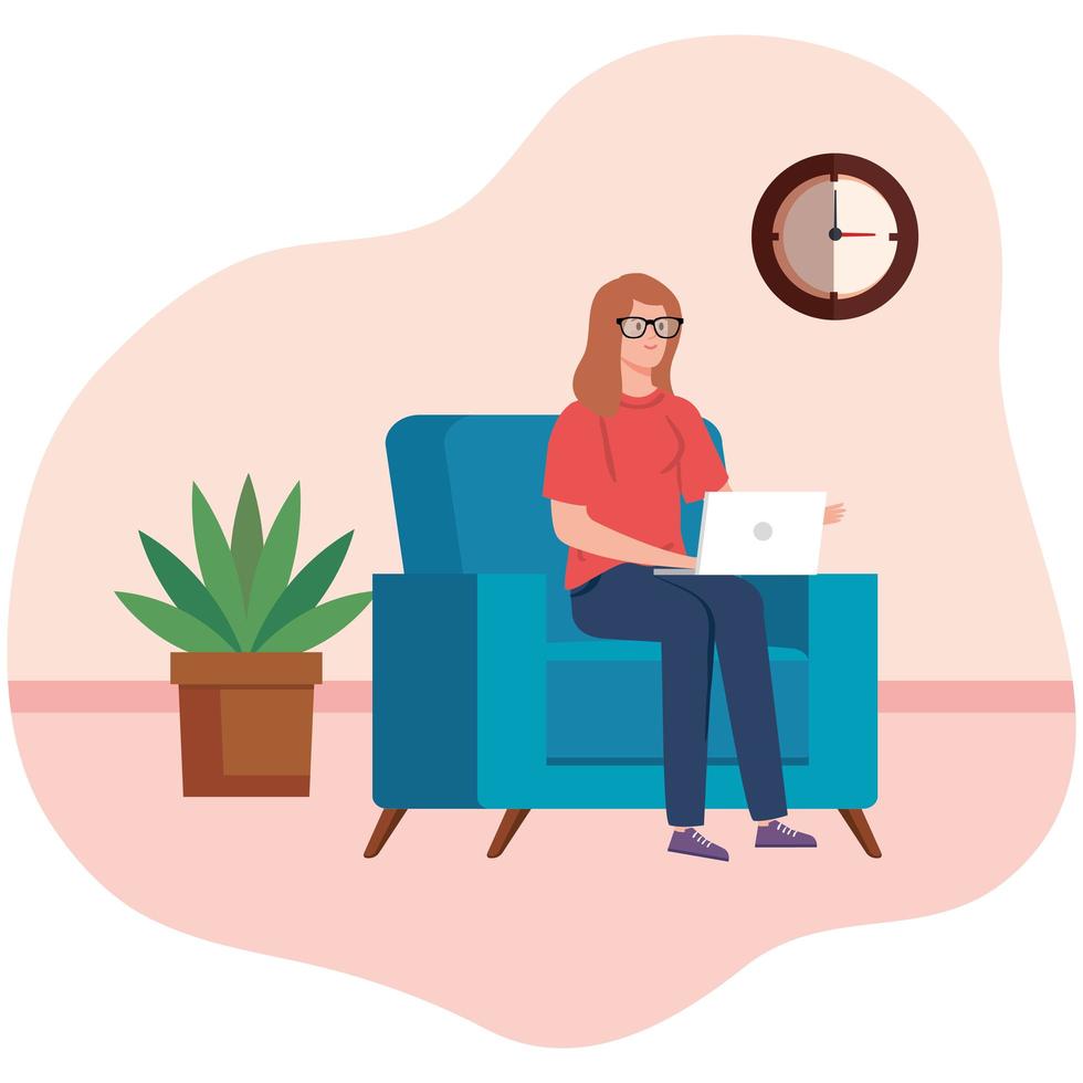 Woman working with a laptop on the couch vector