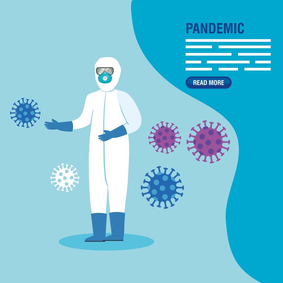 profesional de la salud con un traje de materiales peligrosos para la plantilla de banner de pandemia de coronavirus vector