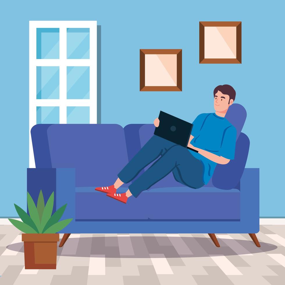 Man working with a laptop in the living room vector