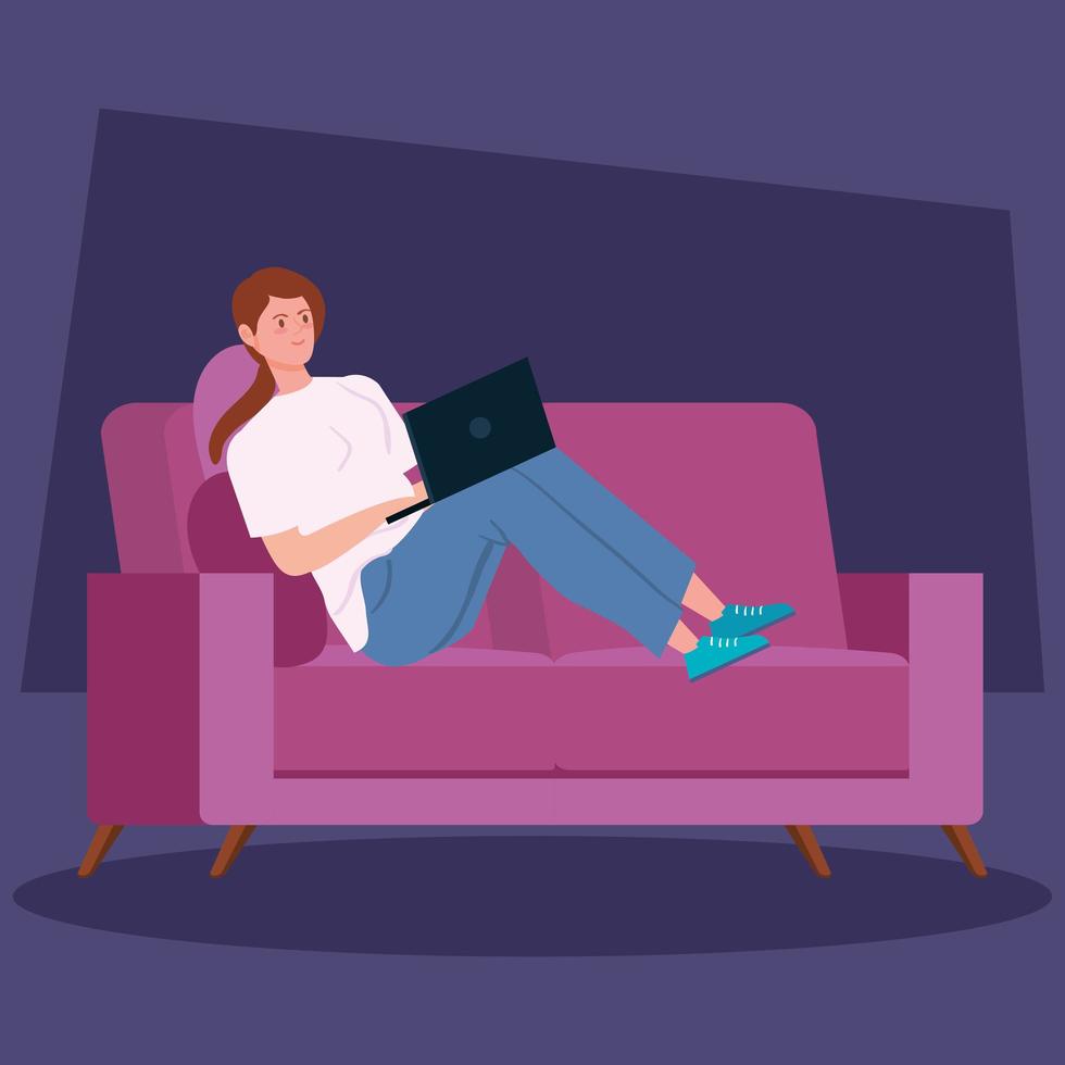 Woman working with a laptop on the couch vector