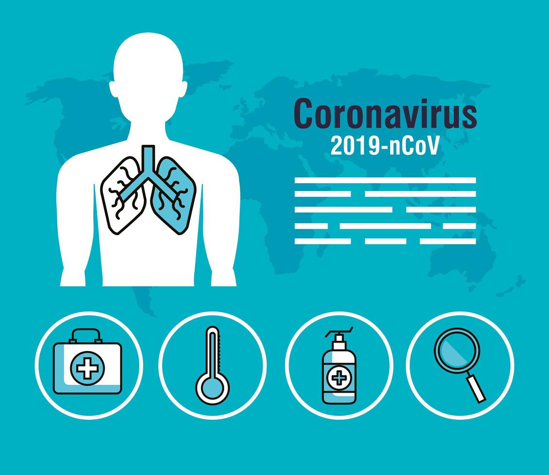 pandemia de coronavirus con silueta corporal e iconos vector