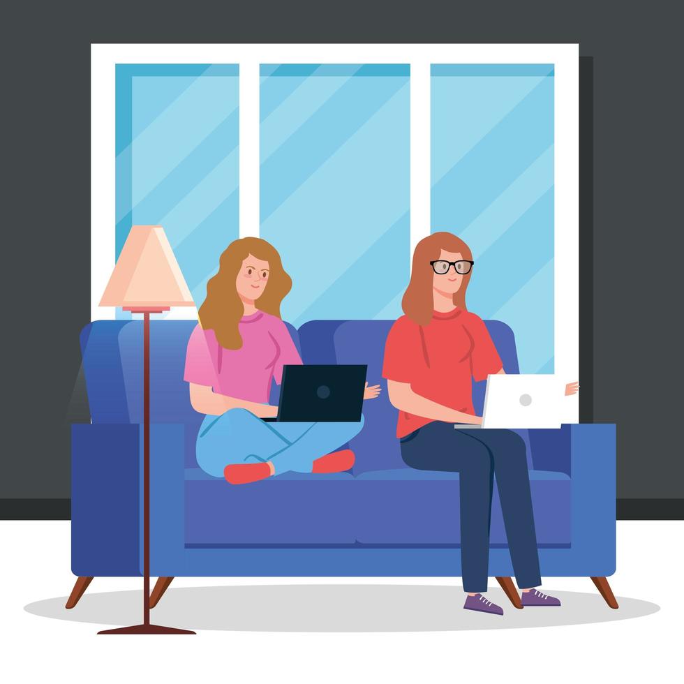 Women working with laptops in the living room vector