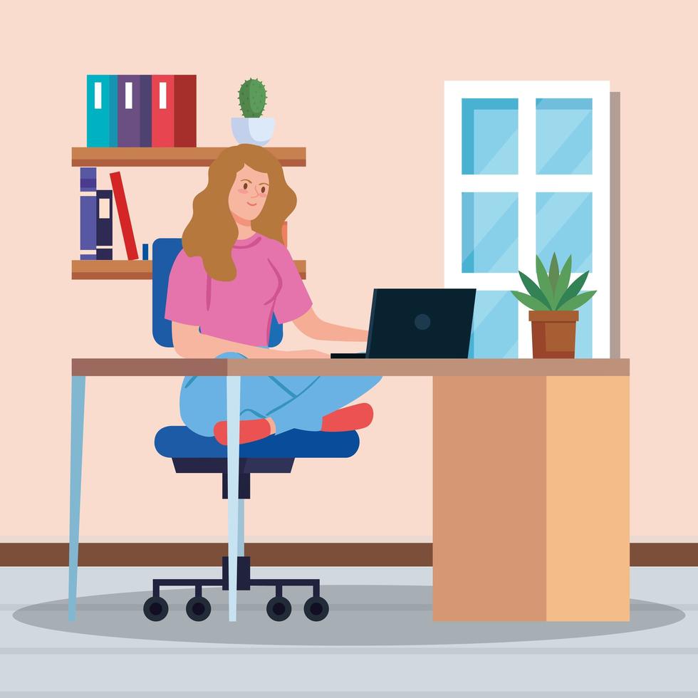mujer trabajando desde casa en un escritorio vector