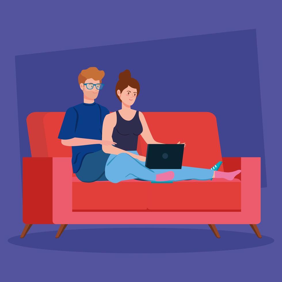 Couple working with their laptops on the couch vector