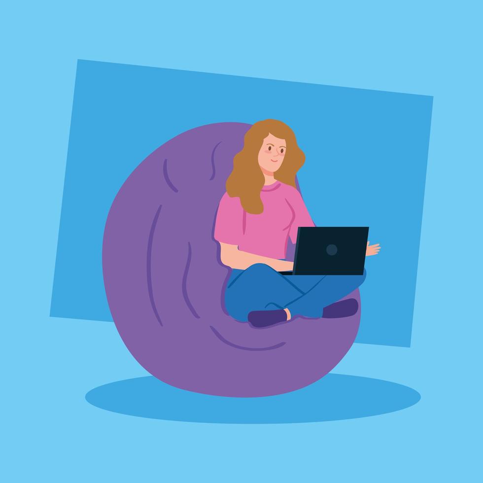 Woman working with a laptop on a pouf vector