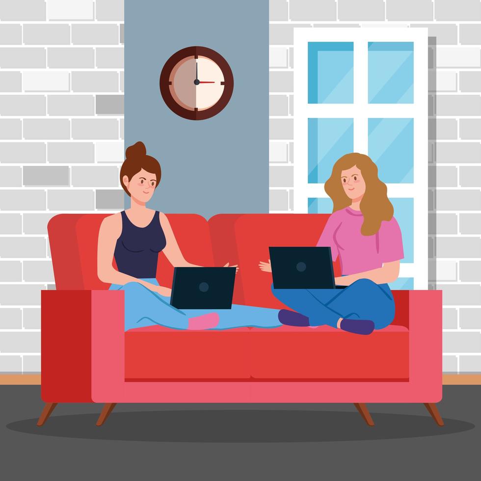 Women working with laptops in the living room vector