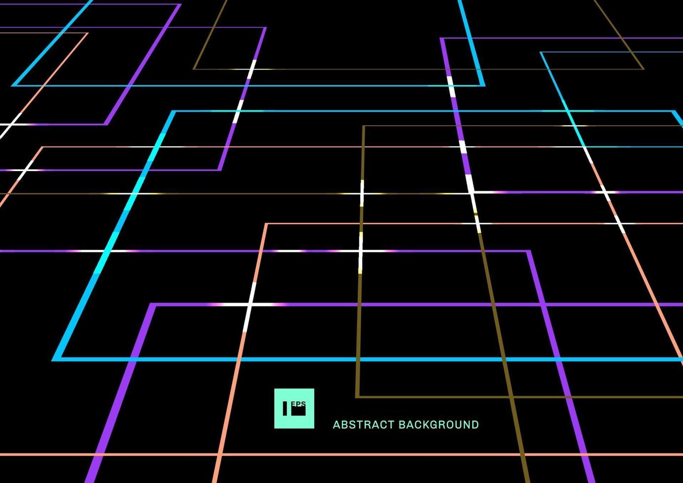 Abstract vibrant color geometric lines overlap with light perspective on black background retro style. vector