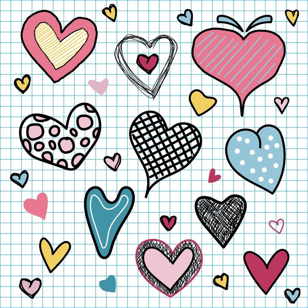 Set of valentine's day hearts love doodles hand draw on grid background vector