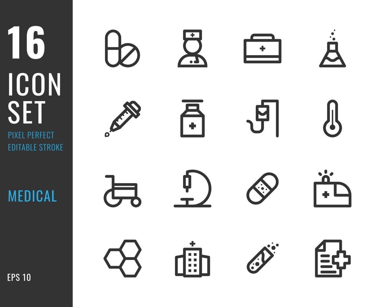 Set of 16 icons medical, thin line style vector