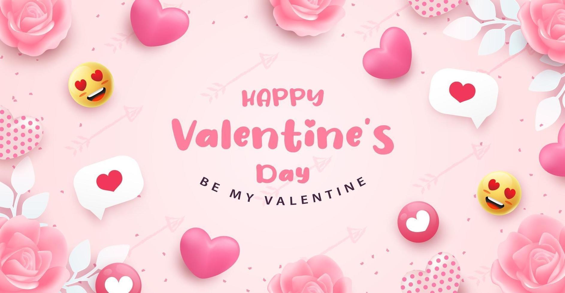 feliz día de san valentín banner o fondo con corazón rosa realista 3d vector