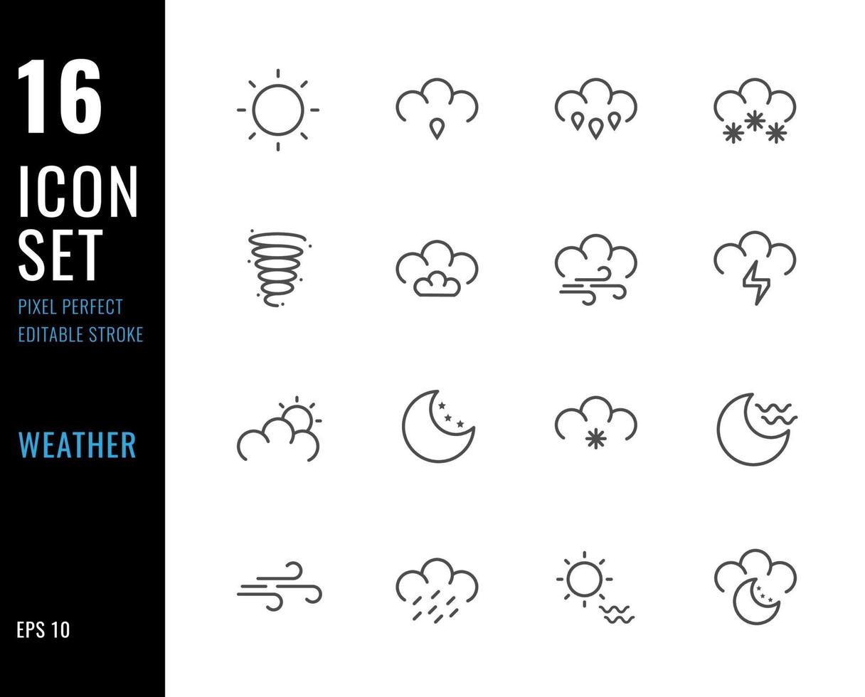 Set of 16 weather icons, thin line style vector