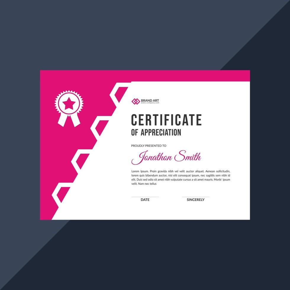 Corporate pink certificate template design vector