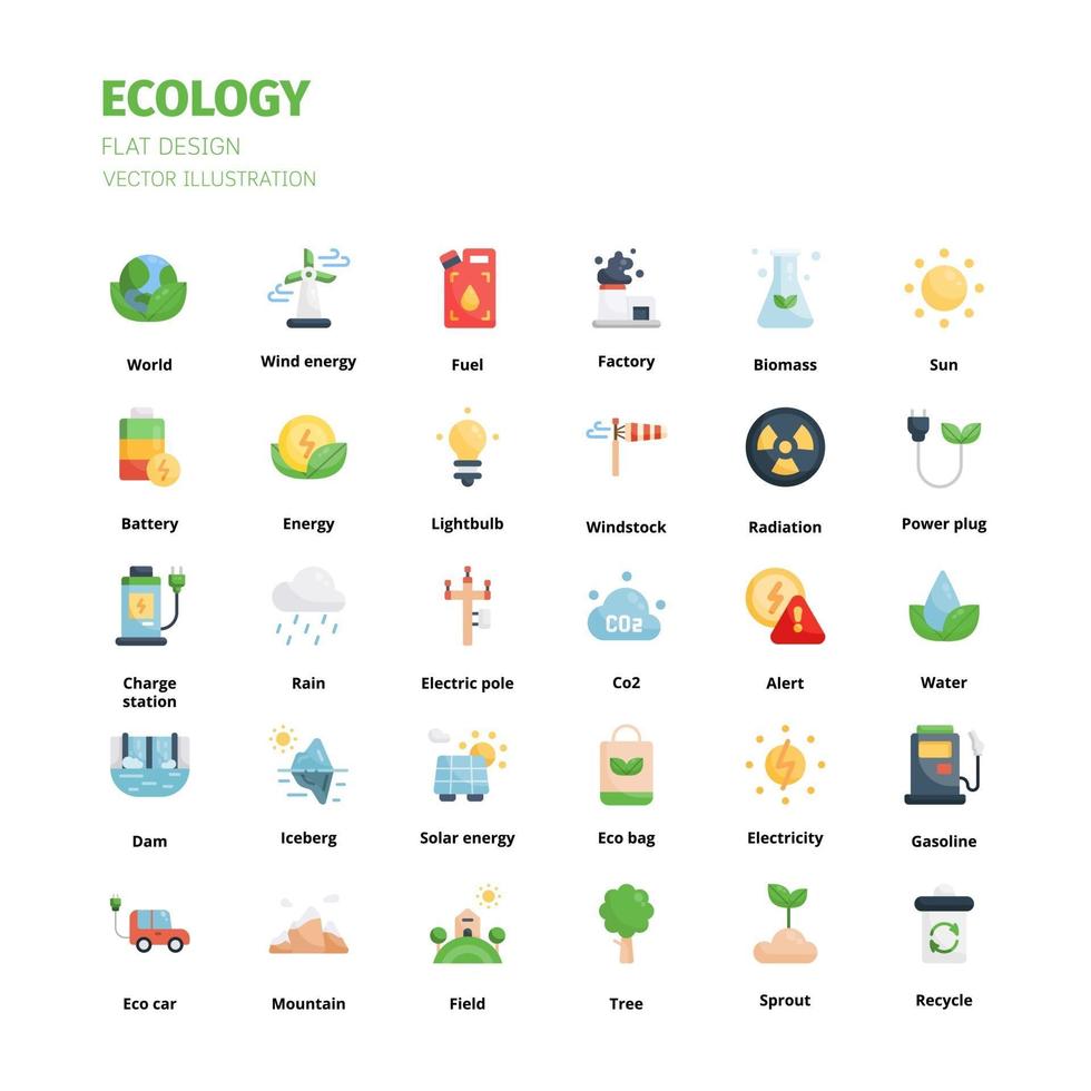 conjunto de iconos de concepto de ecología. ecología conjunto de iconos planos. icono de sitio web, aplicación, impresión, diseño de carteles, etc. vector