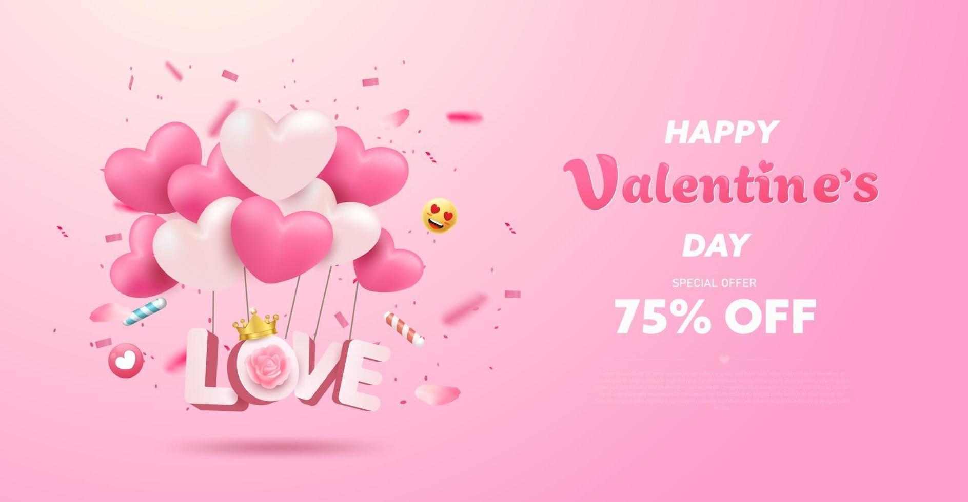 feliz día de san valentín banner o fondo con corazón rosa realista 3d vector