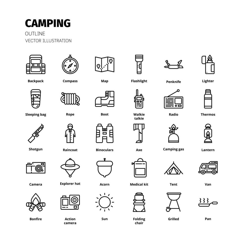 conjunto de iconos de camping. conjunto de iconos de contorno de camping. icono de sitio web, aplicación, impresión, diseño de carteles, etc. vector