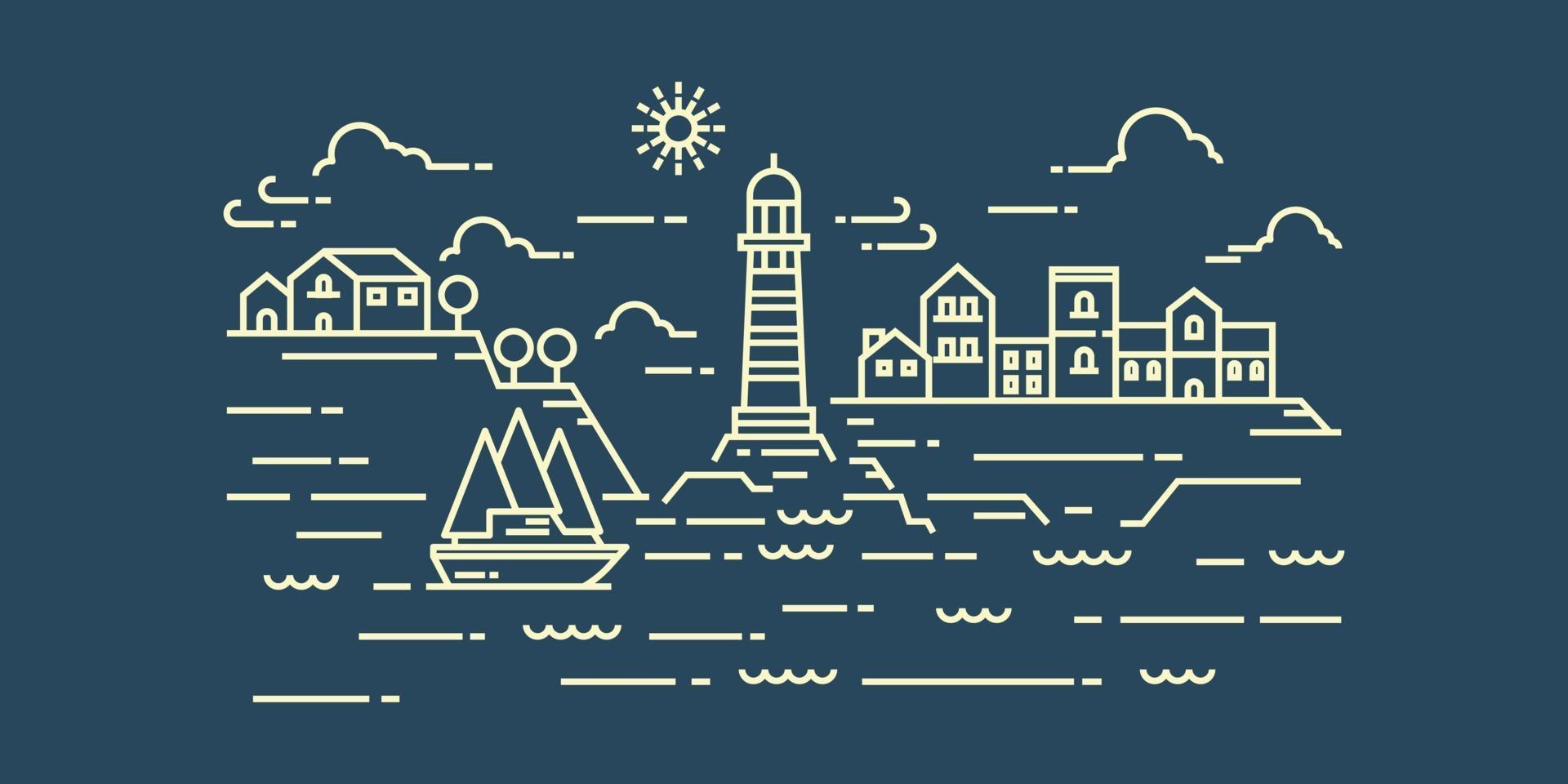 Landscape in modern flat line vector. Thin line landscape with mountain, ocean, building, house, lighthouse, clouds, sun, boat. Vector illustration.
