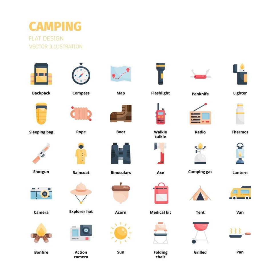 conjunto de iconos de camping. conjunto de iconos planos de camping. icono de sitio web, aplicación, impresión, diseño de carteles, etc. vector