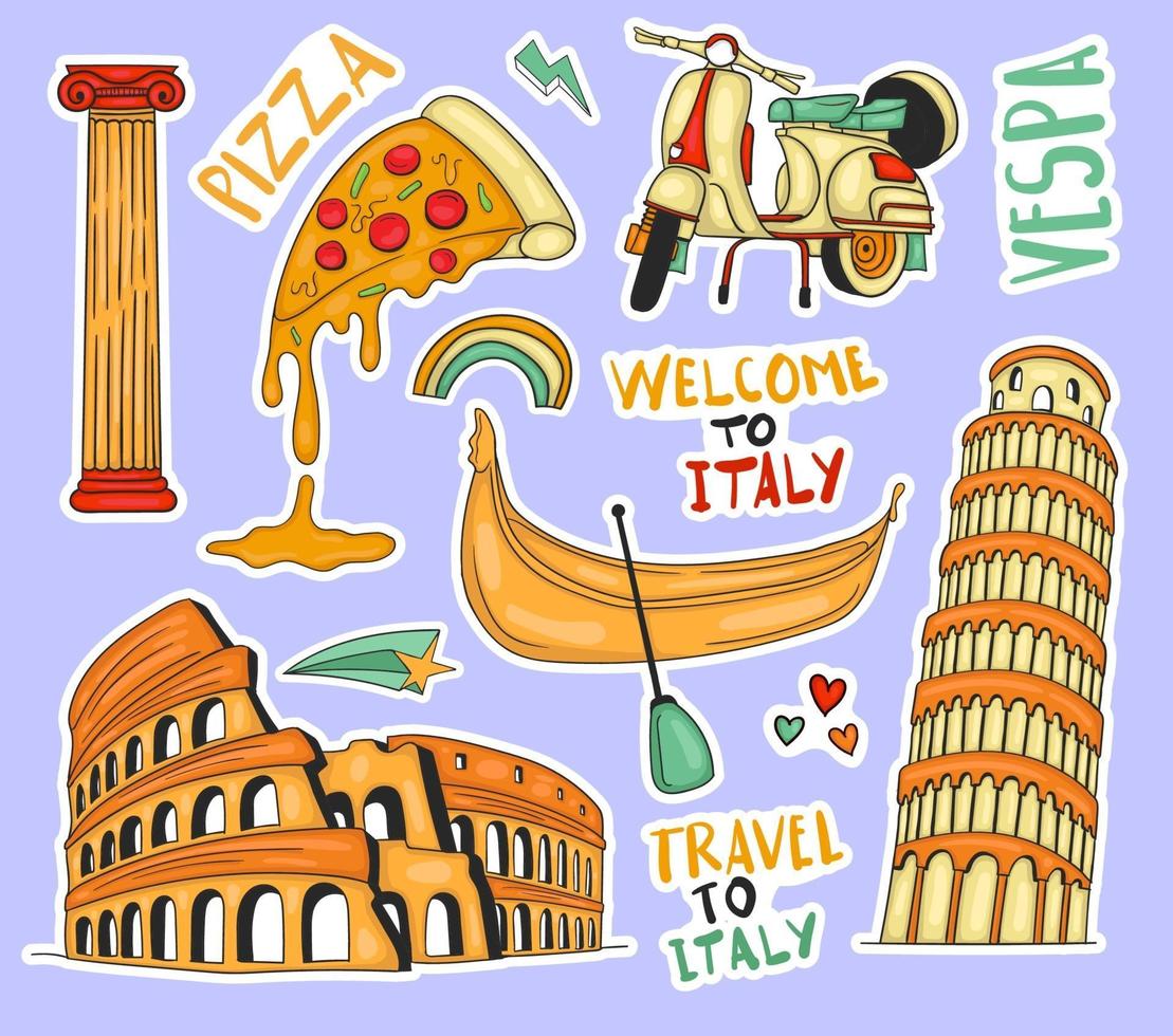 Colorful Hand drawn italy element stickers collection vector