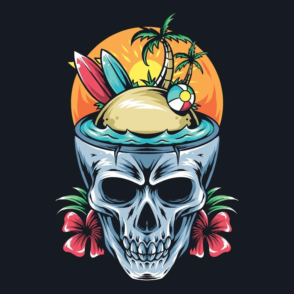 summer skull contains surf board, coconut tree, and ball artwork vector