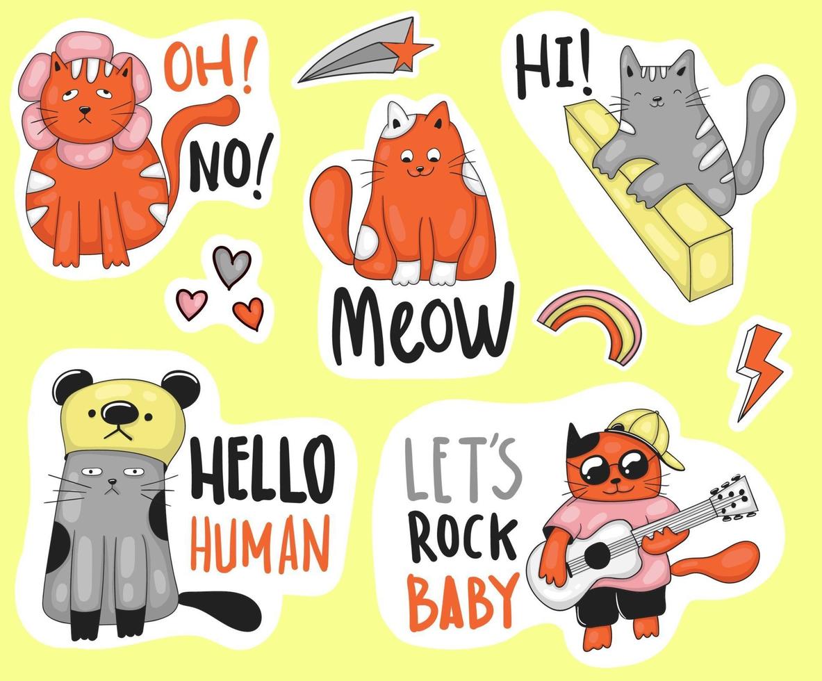 colorida colección de pegatinas de gatos divertidos dibujados a mano vector