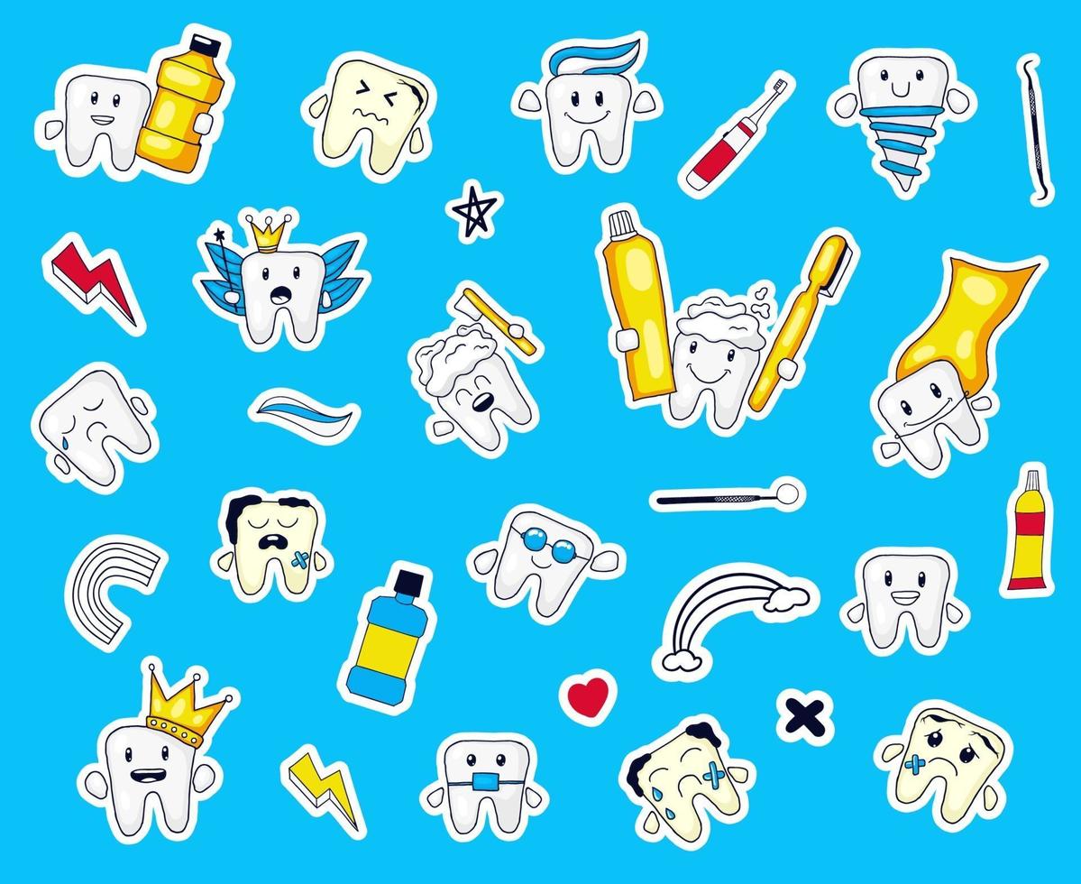 colorful hand drawn teeth expression sticker collection vector