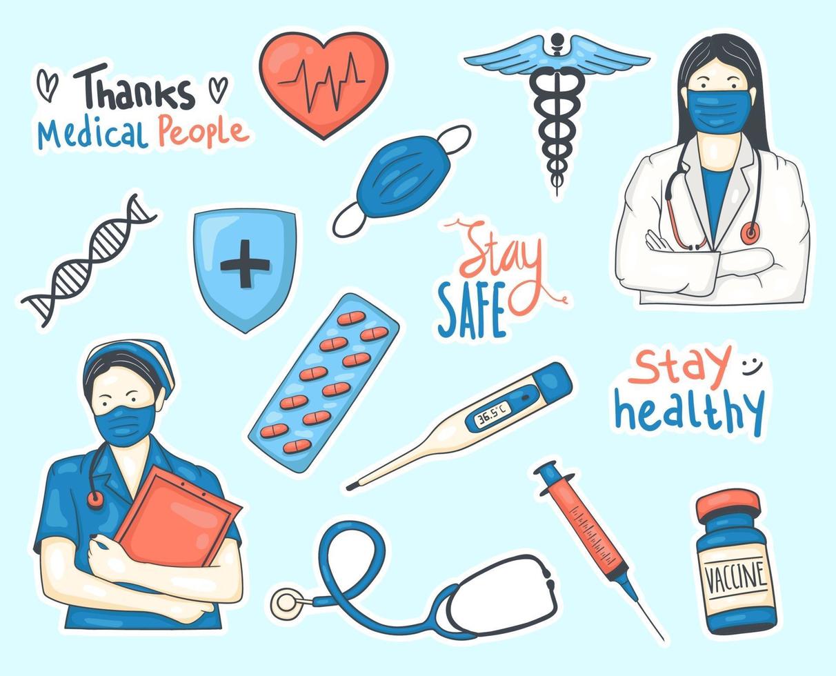 Colorful Hand drawn medical stickers collection vector