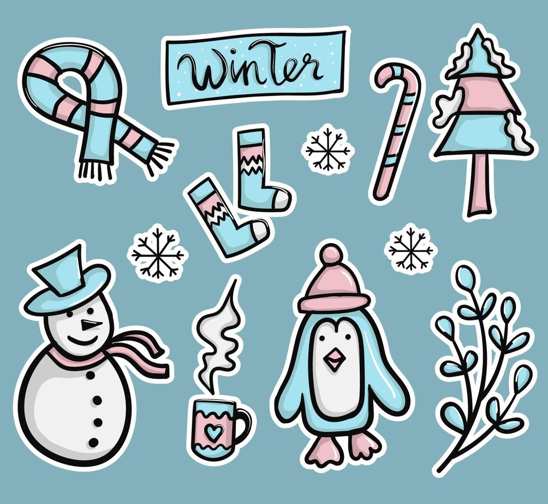 Colorful Hand drawn Winter stickers Collection vector