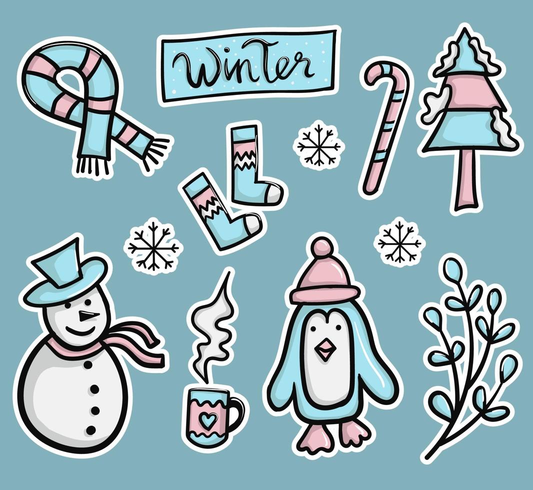 colorida colección de pegatinas de invierno dibujadas a mano vector